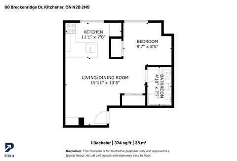 Floor plan for studio, 1 bath